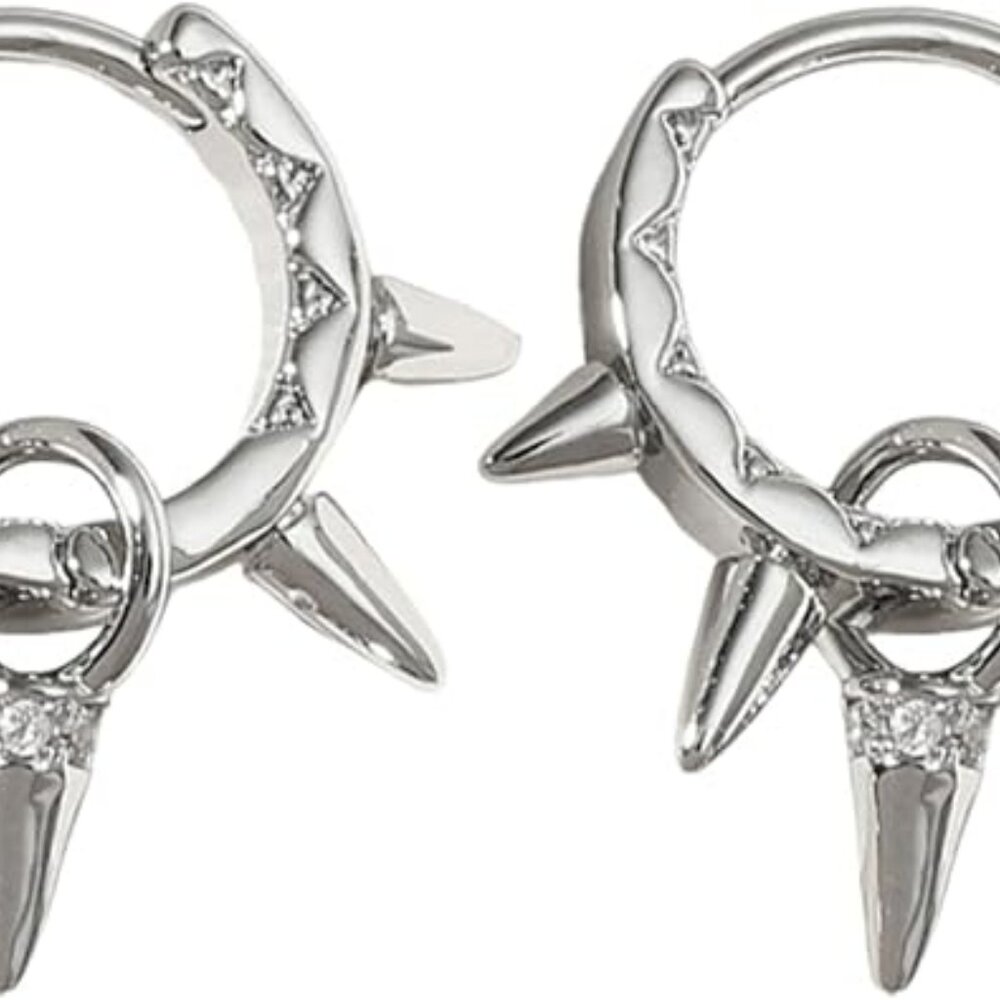 Punk Rivet Hoop Earring Set Gothic Silver Statement Jewelry Dangle Drop Spikes - Picture 3 of 4